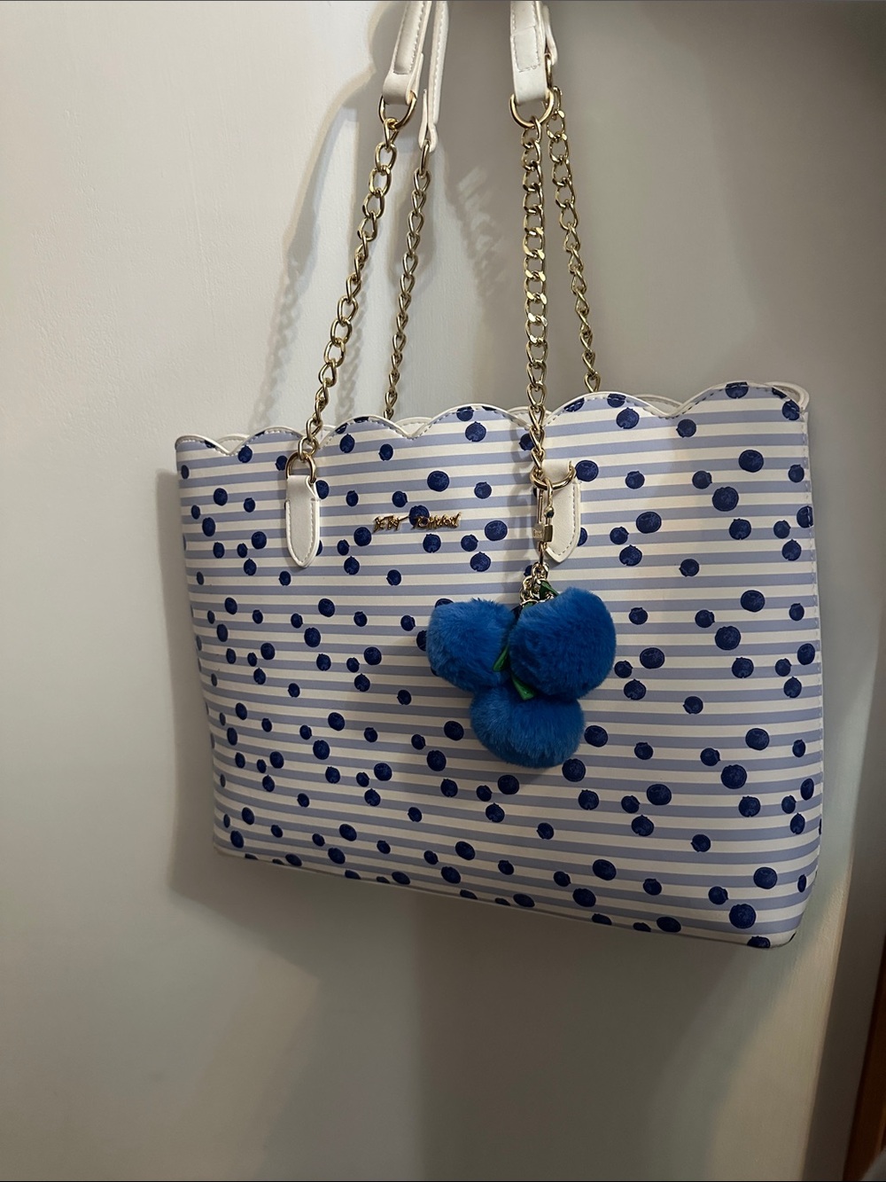 Betsy Johnson White and Blue Polka Dot Tote Bag with Blue Pom Charm